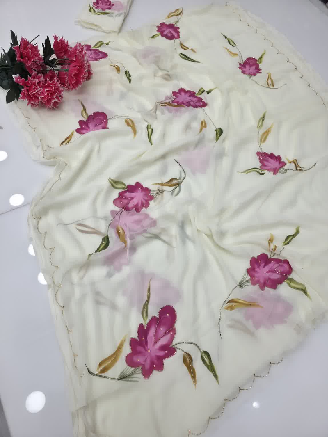 Chiffon painting with hand work