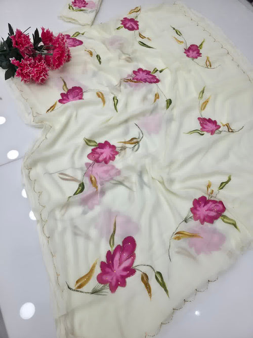 Chiffon painting with hand work