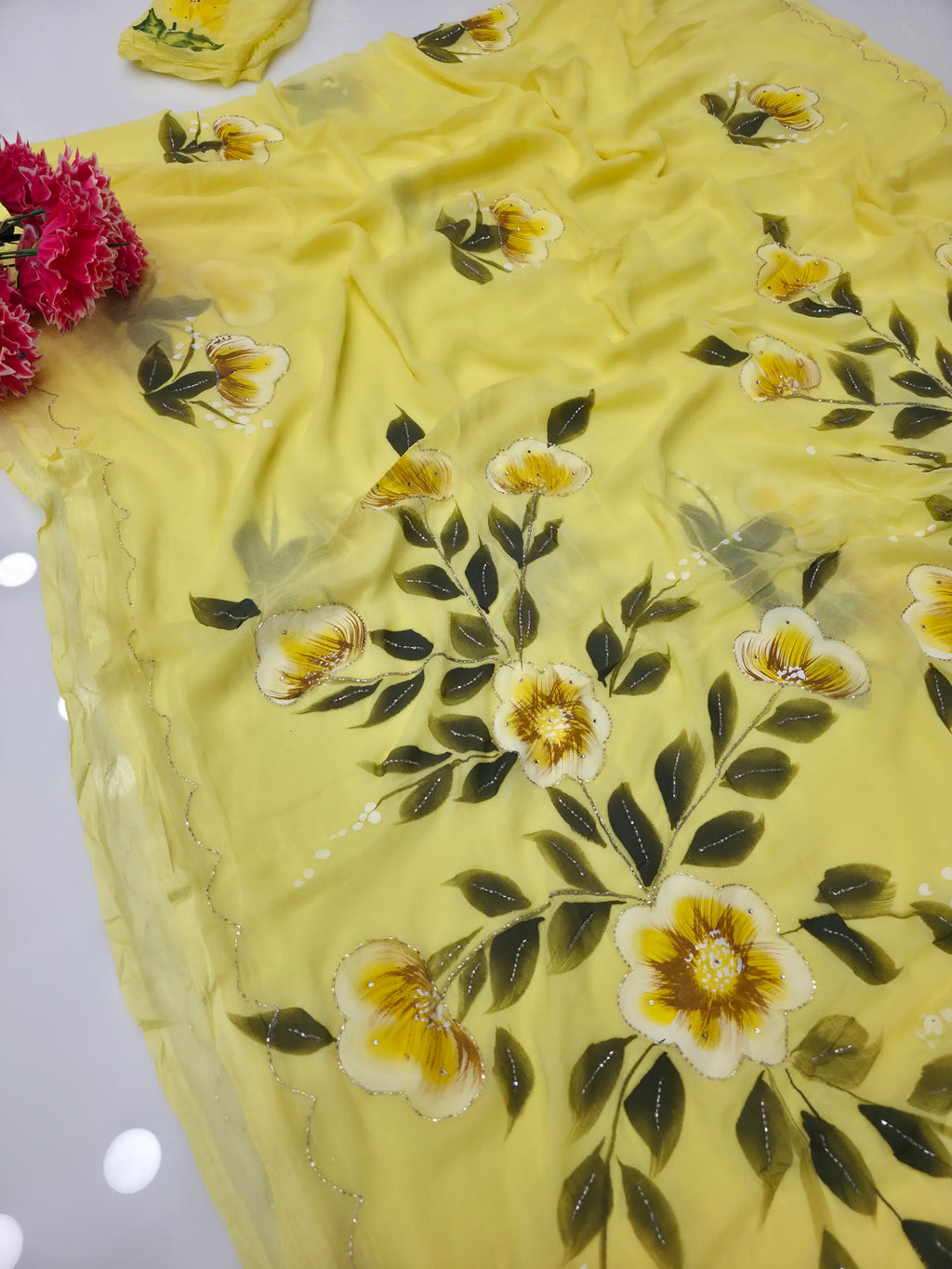 Yellow hand paint chiffon saree