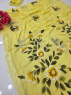 Yellow hand paint chiffon saree