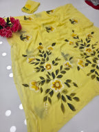 Yellow hand paint chiffon saree
