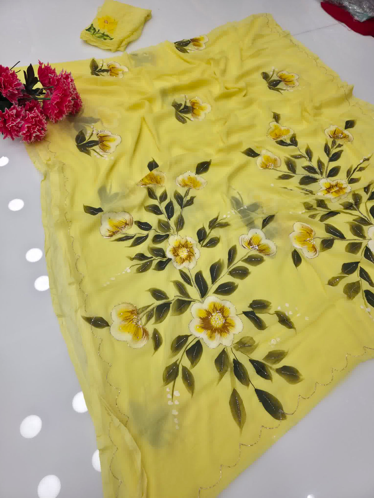 Yellow hand paint chiffon saree
