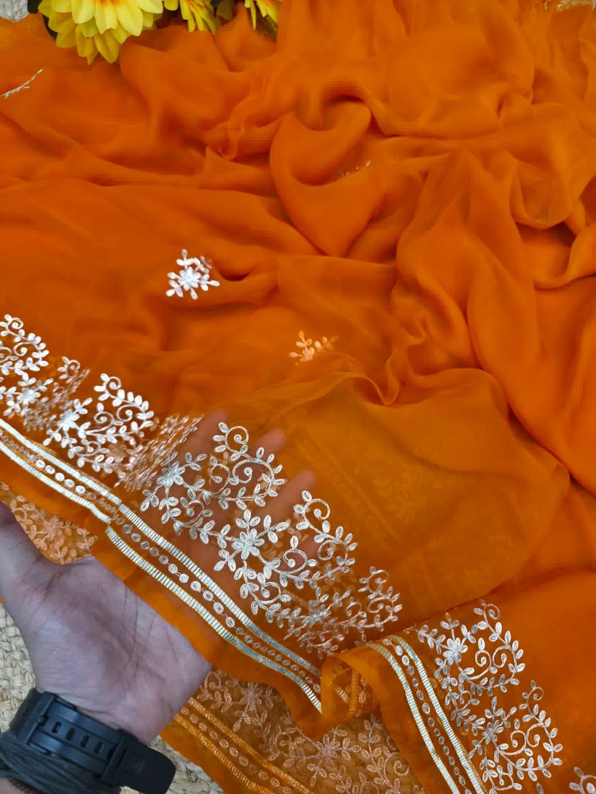 Rust orange pure chiffon pittan work saree