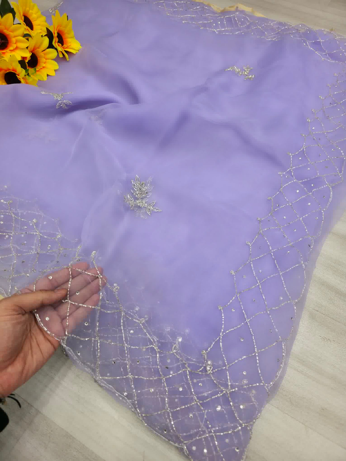 Fountian lavender colour hand work saree
