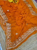 Rust orange pure chiffon pittan work saree