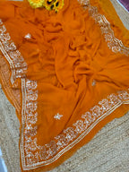 Rust orange pure chiffon pittan work saree