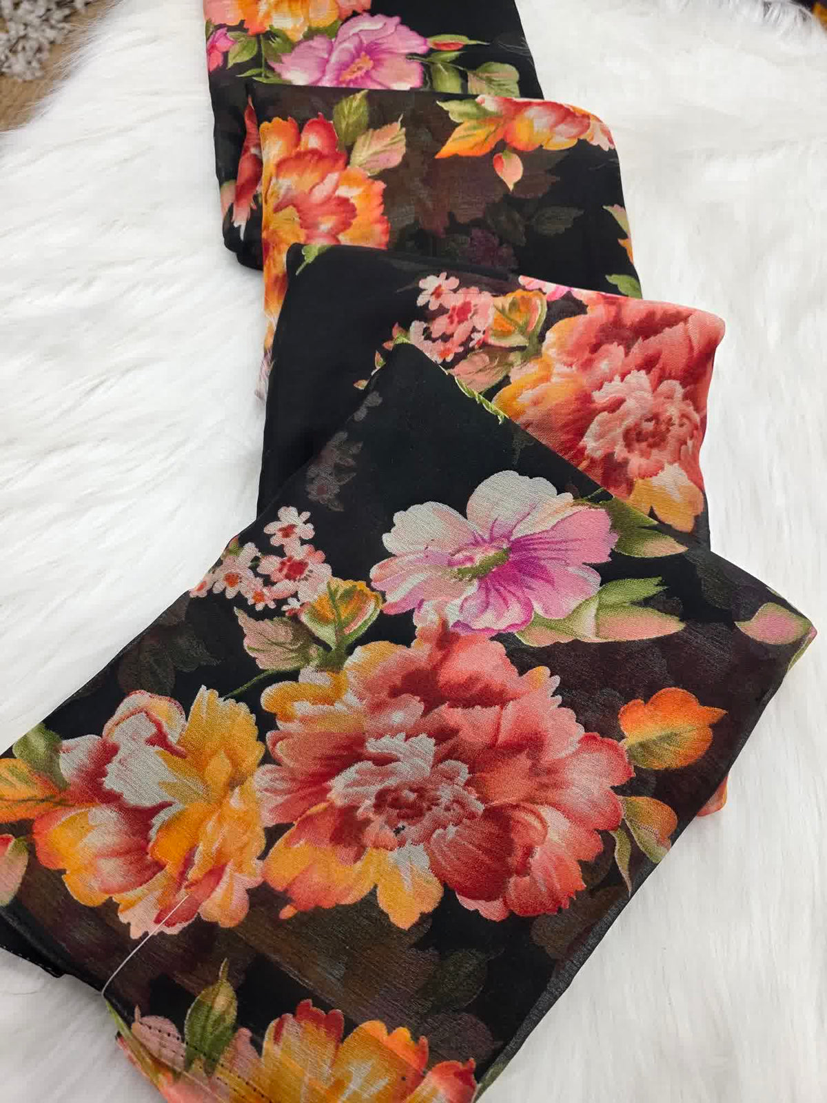 Black flower print saree