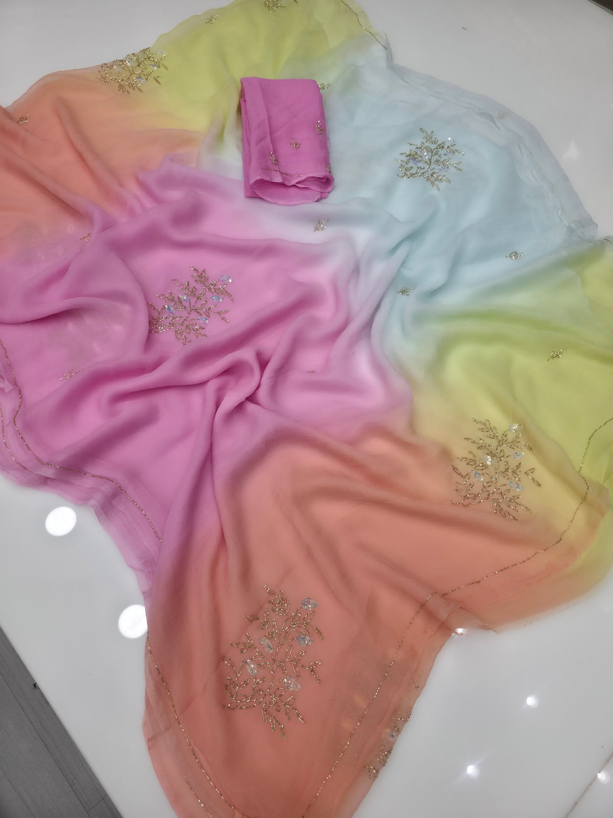 Multy colour diamond pure saree with hand work butta