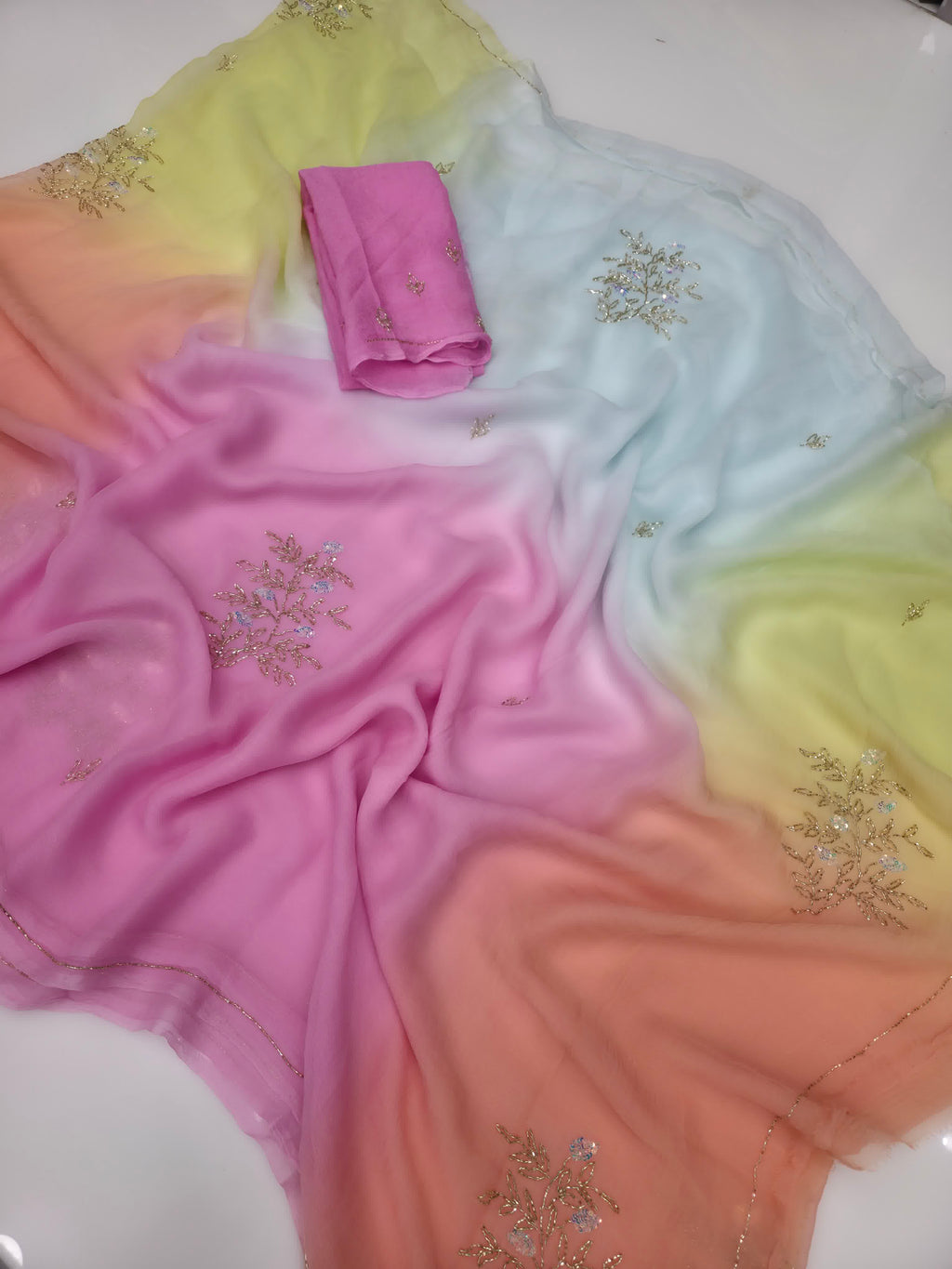 Multy colour diamond pure saree with hand work butta