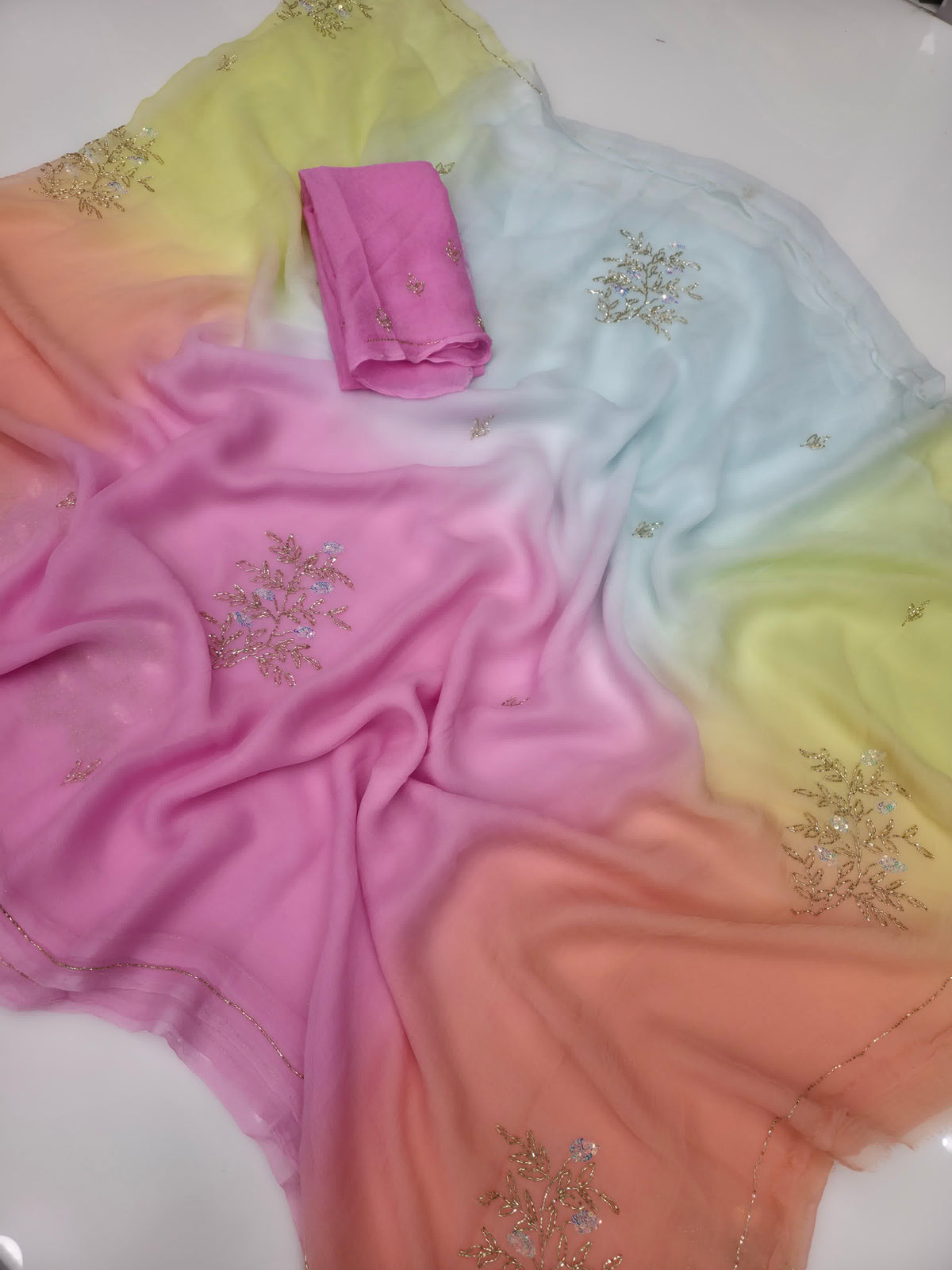 Multy colour diamond pure saree with hand work butta
