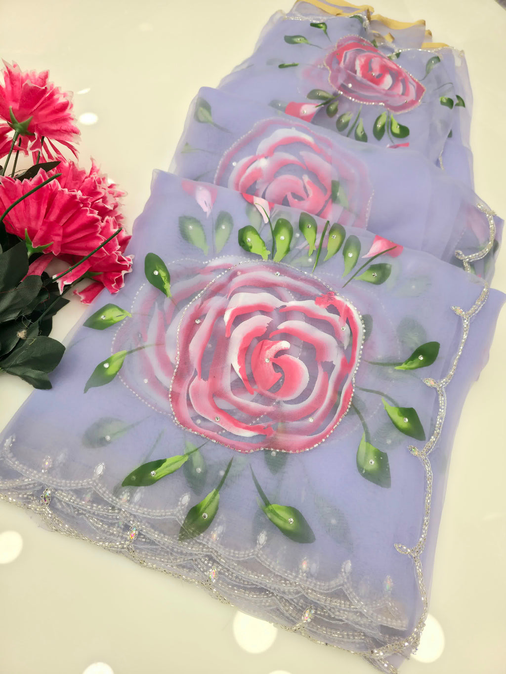 Lavender tissue saree with hand paint and hand work