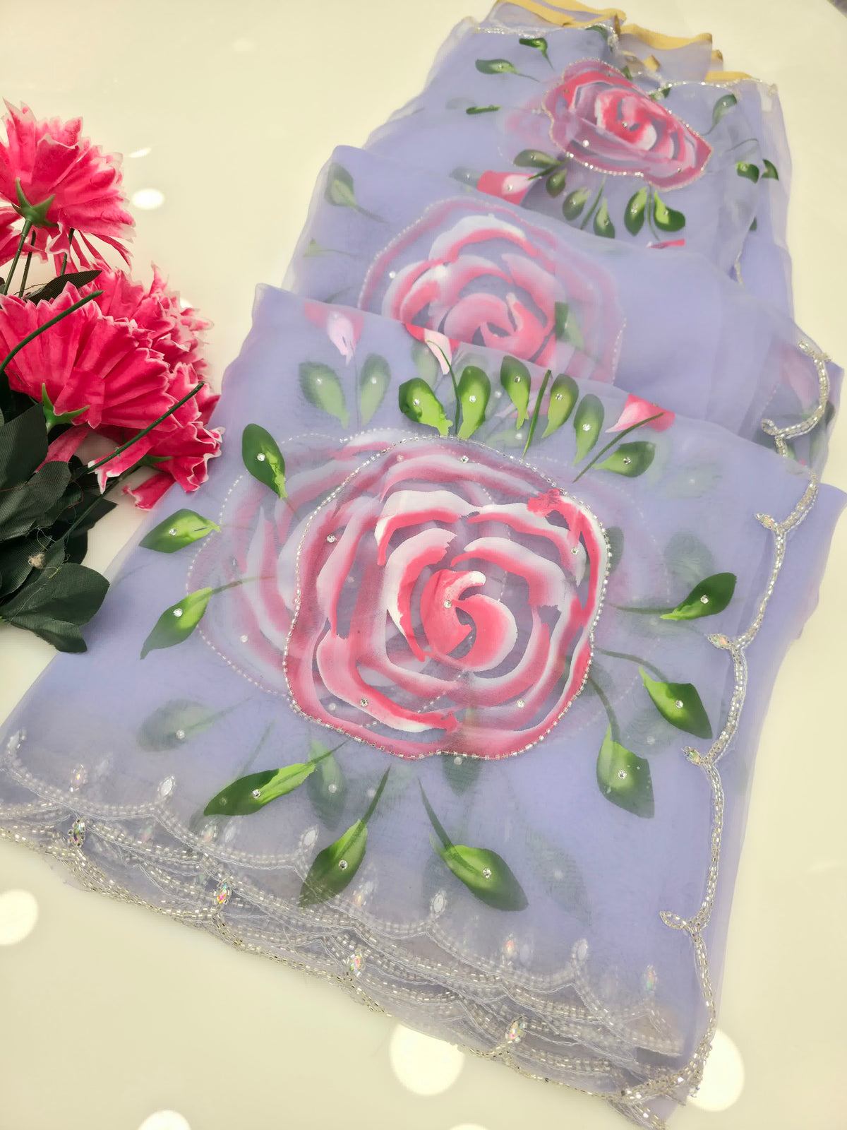 Lavender tissue saree with hand paint and hand work