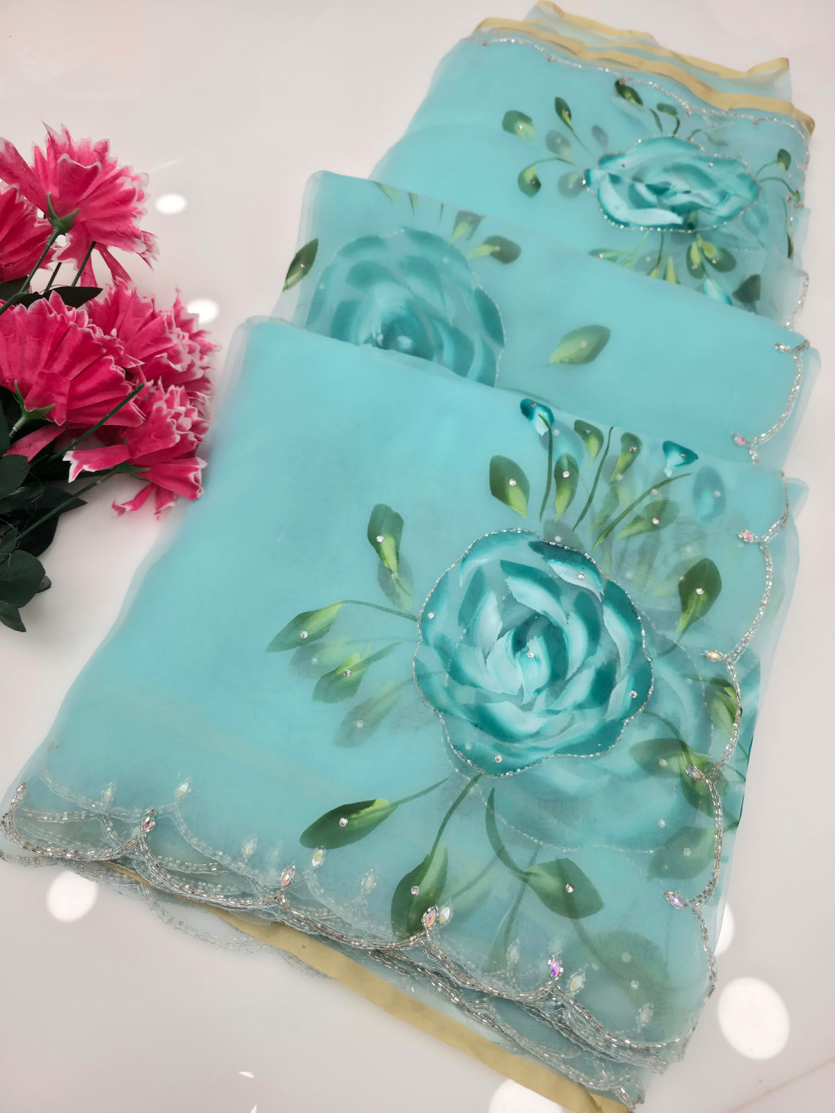 Tissue hand painted saree with hand work