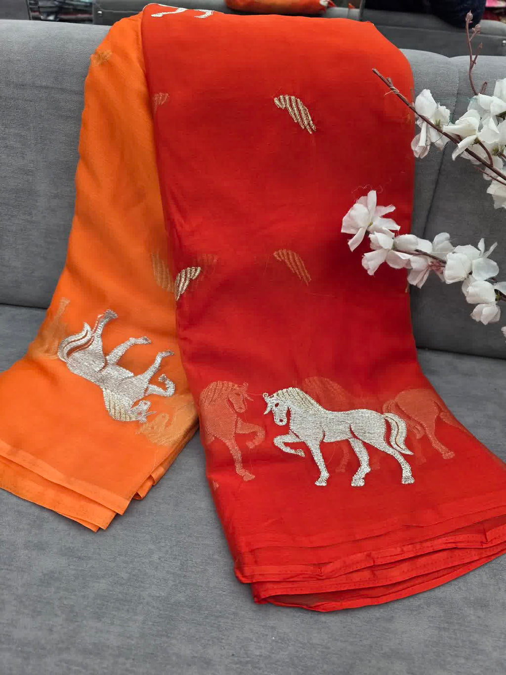 Rust orange horse designe saree