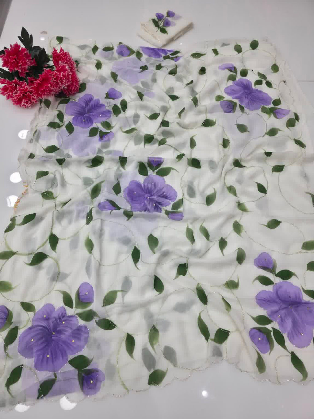 Purple  painting with hand work