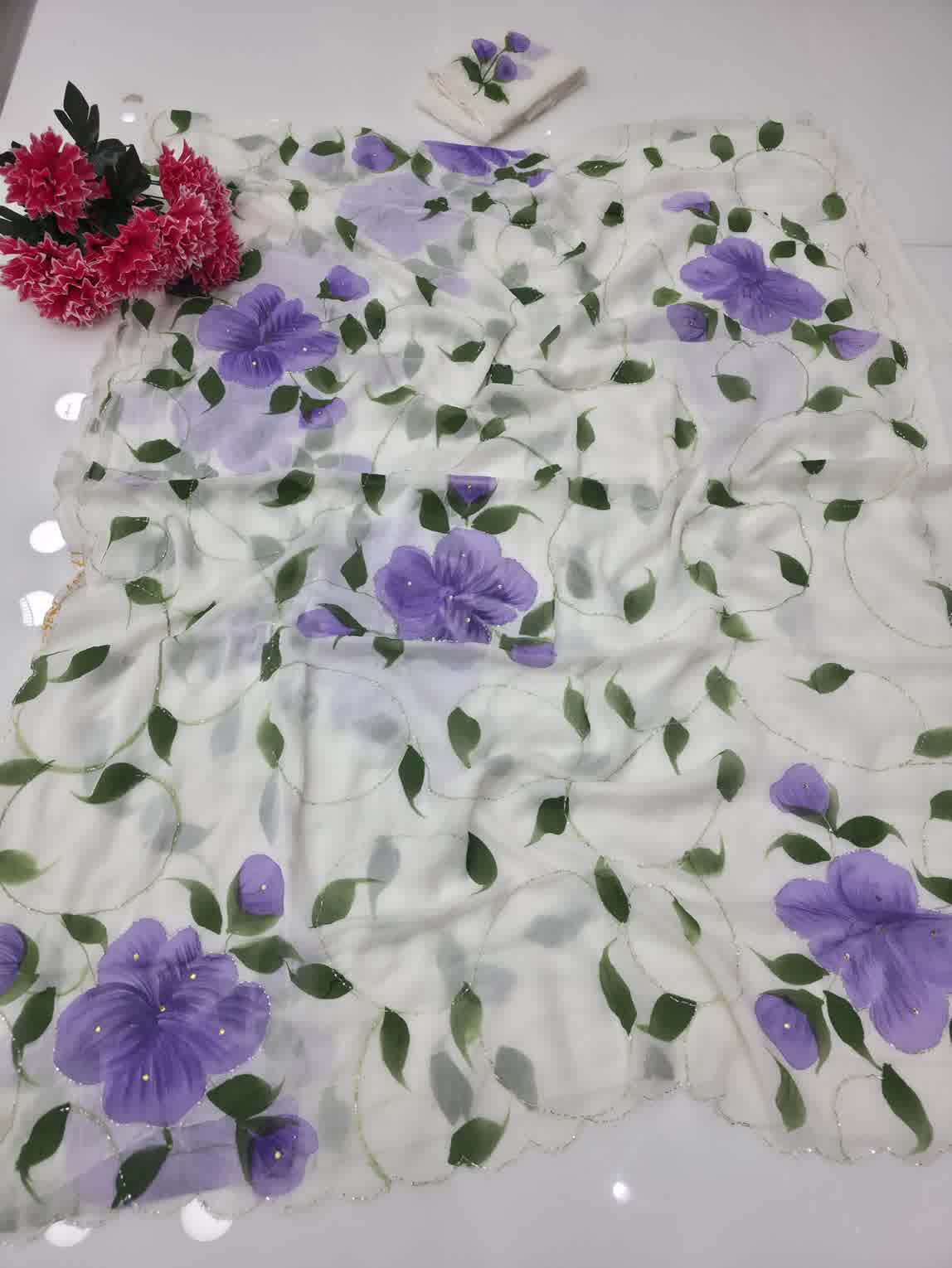 Purple  painting with hand work