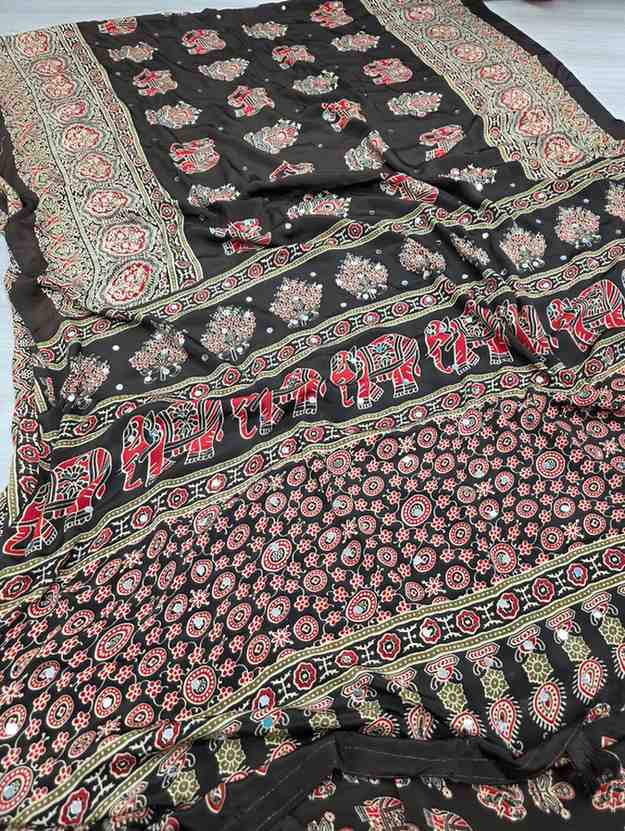 Ajrak mirror work saree