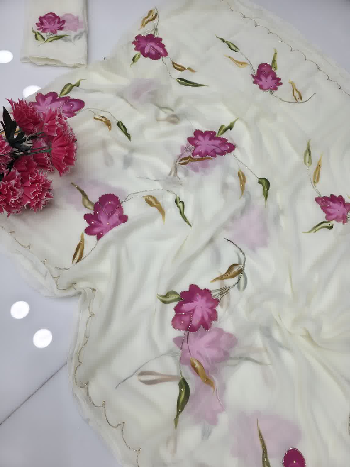Chiffon painting with hand work