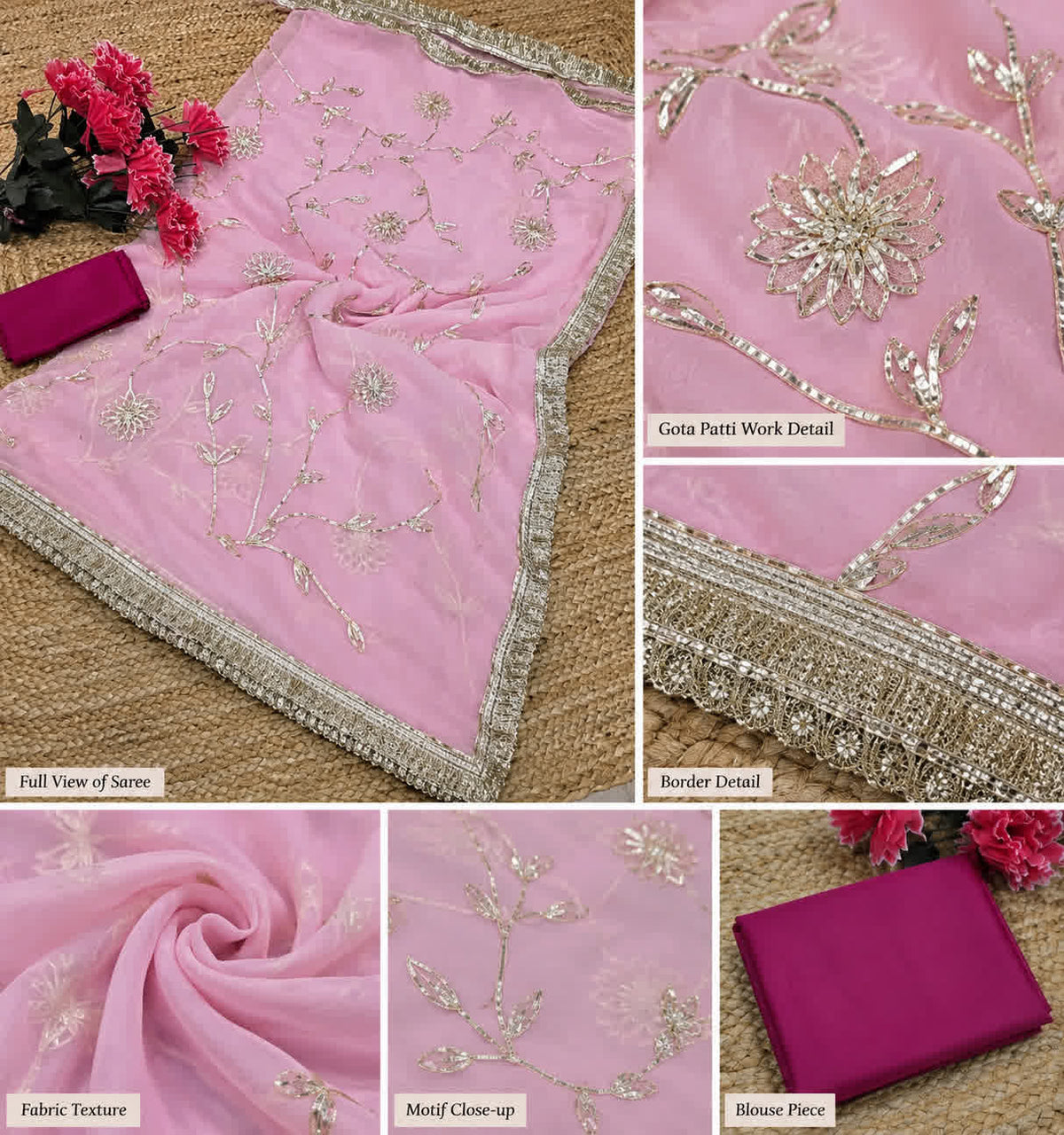 Pink gota Patti saree with Kiran border