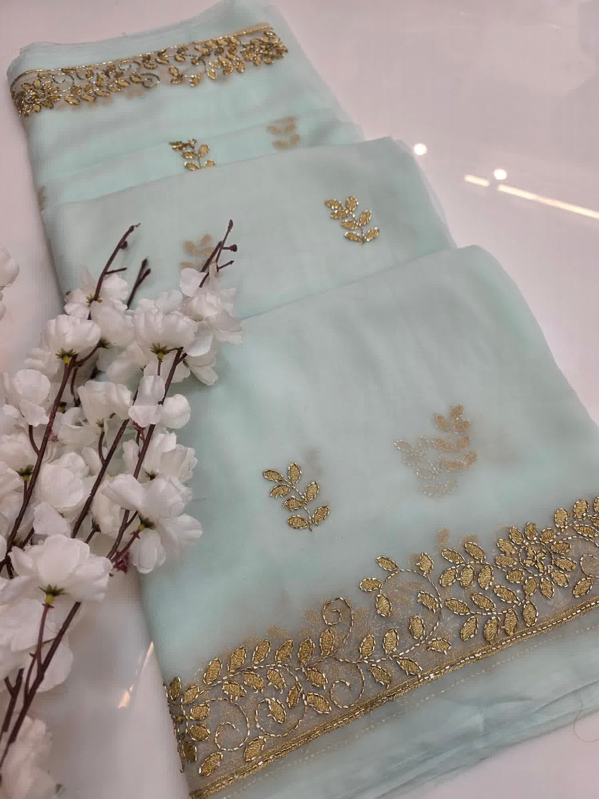 Sea green hand work saree