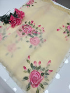 Cream Tissue hand paint with hand work saree