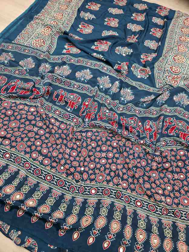 Ajrak mirror work saree